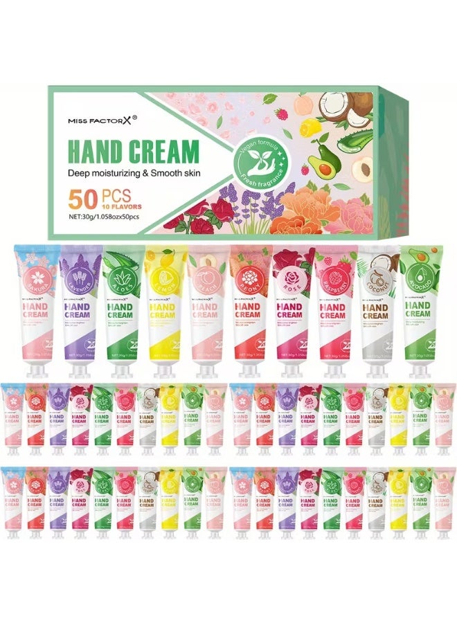 MISS FACTOR X 50pcs Hand Cream Gift Set – 10 Fragrances Mini Moisturizing Hand Lotion, Portable Bulk Pack for Party, Ramadan & Events - Image 1